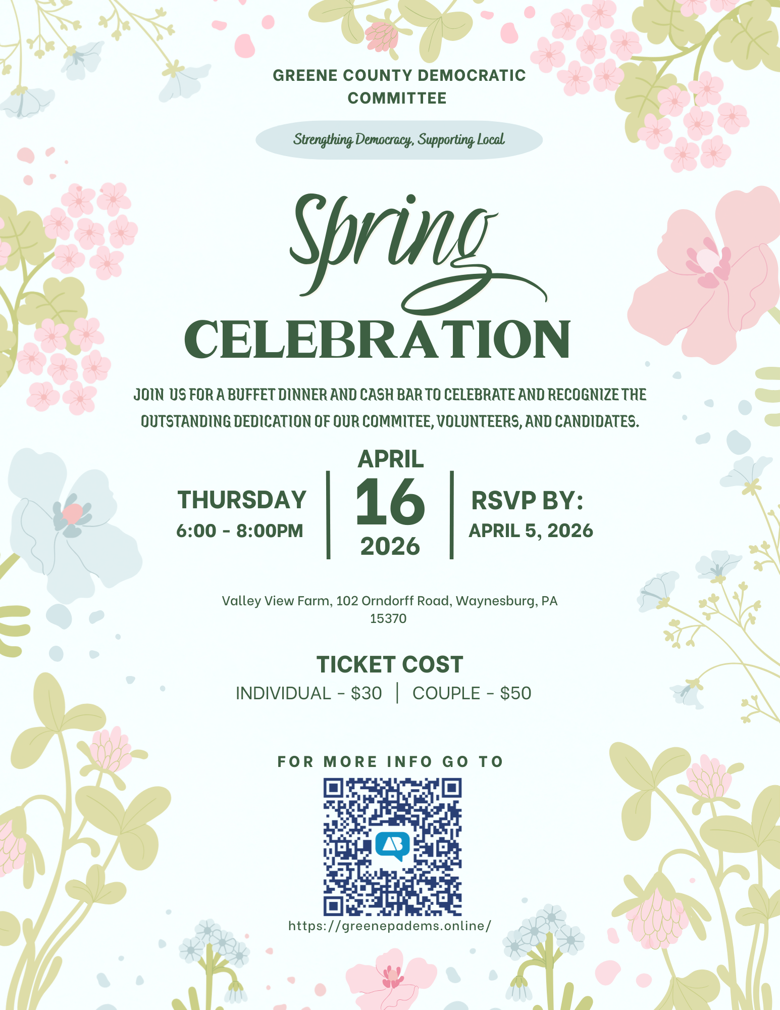 GCDC Spring Celebration - Thursday April 16, 2026, 6-8 PM at Valley View Farm, Waynesburg. Buffet dinner and cash bar. Individual $30, Couple $50. RSVP by April 5.